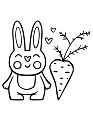Animal coloring page for little kids. Simple outline illustration of bunny with carrot.