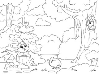 Forest glade with animals. Raster illustration, children coloring book.