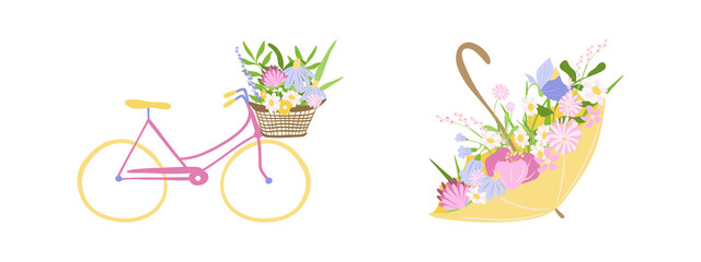 2 Floral bouquets in baskets set. Flower with bicycle and umbrella vector collection. Vector illustration