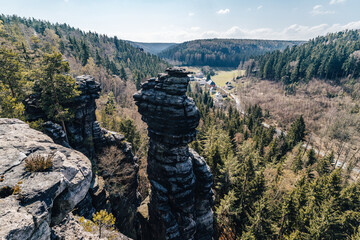 Spring view of sandstone towers of Tisa, Ostrov and Bieletal. Magical landscape with sandsotne rocks of Elbe region.