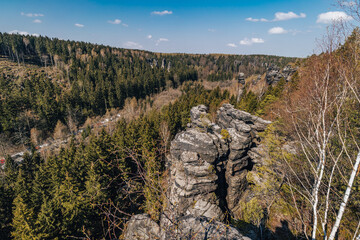 Spring view of sandstone towers of Tisa, Ostrov and Bieletal. Magical landscape with sandsotne rocks of Elbe region.