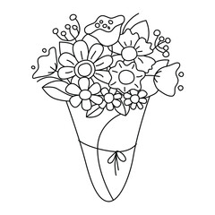 Flower bouquet. Vector line art illustration of sketch of flowers. Print design, post card, invitation, wedding, flower shop. Abstract, trendy, minimal, tender. Women's Day greeting card