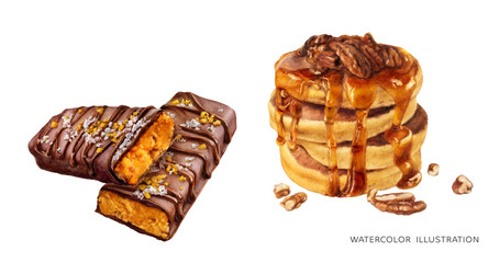 Sweet desserts watercolor isolated on white background. Pecan pancakes flapjack, chocolate bars