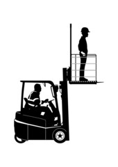 Forklift with work platform and operators. Silhouette of a compact forklift with a safety cage. Side view. Vector.