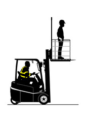 Forklift with work platform and operators. Silhouette of a compact forklift with a safety cage. Side view. Vector.