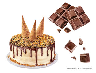 Sweet desserts watercolor isolated on white background. Sweet cake with sugar cornes and chocolate blocks