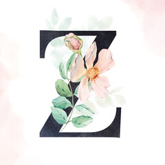 Decorated dark letter Z with delicate green leaves and pink flowers. Painted by hand in watercolor. Isolated on white background. For wedding invitations, postcards, holiday design.