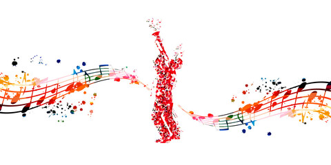 Man playing trumpet made of musical notes. Red musical notes trumpet player with musical staff vector illustration design for live concert events, music festivals and shows posters, party flyers	 - obrazy, fototapety, plakaty