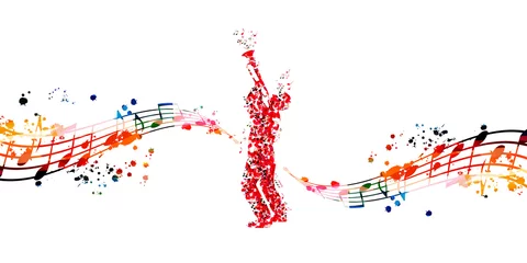 Fotobehang Man playing trumpet made of musical notes. Red musical notes trumpet player with musical staff vector illustration design for live concert events, music festivals and shows posters, party flyers  © abstract