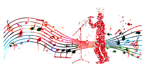 Man with microphone made of musical notes. Red musical notes singer performer with stave vector illustration design for live concert events, music festivals and standup shows posters, party flyers	 - obrazy, fototapety, plakaty