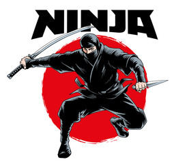 Ninja warrior attacks with samurai sword katana isolated, comic book style vector illustration. - obrazy, fototapety, plakaty