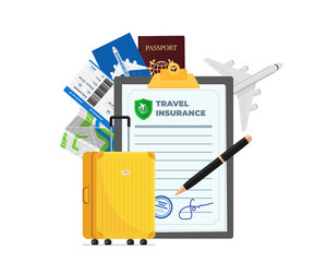 Travel insurance policy with passport, flight ticket, plane and yellow traveling suitcase. Safe plane trip and signed contract protection tourist life and property. Ready for safety aircraft journey - obrazy, fototapety, plakaty
