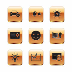 Set Hydrogen car, Light bulb with gear, Signed document, Smile face, Address book, Solar energy panel, Certificate template and Sun electric plug icon. Vector