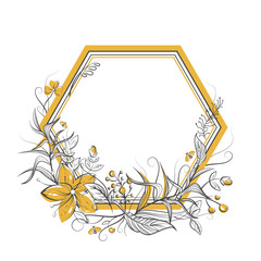 Honey label concept. Honeycomb frame with flowers, bee, leaf, berry and copy space. Black, golden and white doodle vector illustration. For wedding or birthday card, eco, beekeeping design element