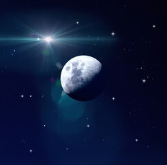 Obraz na płótnie Canvas blue night starry sky and big moon starrs flare light background