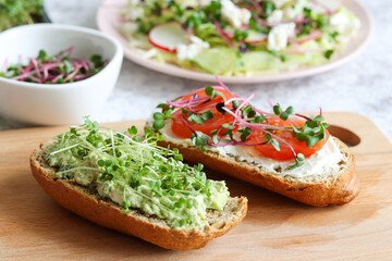 Delicious homemade bruschetta with avocado, tomatoes and microgreens for breakfast or snack....