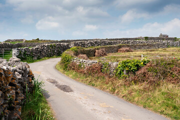 Fototapeta na wymiar Maze of stone walls and small narrow road on Inisheer, Aran island, county Galway, Ireland. Popular travel area. Warm sunny day. Irish nature landscape. Vertical image