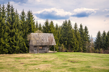 Tourist wooden shelter in The Polana small mountain range in central Slovakia, Europe. © Viliam
