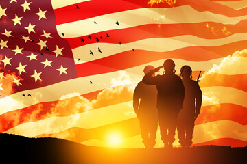 USA army soldiers saluting on a background of sunset or sunrise and USA flag. Greeting card for...