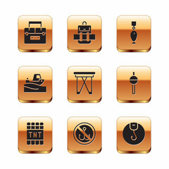 Set Case container for wobbler, Detonate dynamite bomb stick, No fishing, Folding chair, Fishing boat water, spoon, hook and Hiking backpack icon. Vector
