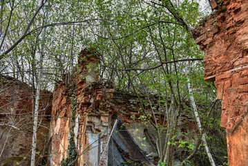 Schloss, Wirtschaftsgeb&auml;ude, eingest&uuml;rzt, Mauer, Au&szlig;enmauer, Ruine, Ziegel, Verputz, verwuchert, verwildert, aufgelassen, Lost Place, Urban Exploring, Urbex, Imposant, Ziegel, Ziegelstein. Fenster, Fe