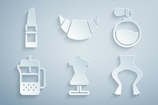 Set Mannequin, Perfume, French press, Frog legs, Croissant and Lipstick icon. Vector