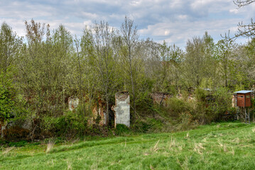 Schloss, Wirtschaftsgebäude, eingestürzt, Mauer, Außenmauer, Ruine, Ziegel, Verputz, verwuchert, verwildert, aufgelassen, Lost Place, Urban Exploring, Urbex, Imposant, Ziegel, Ziegelstein. Fenster, Fe