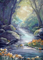 Drawing of a river with a rocky shore in a flowering forest.