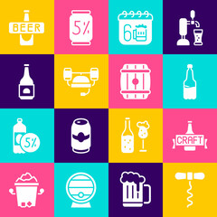 Naklejka premium Set Wine corkscrew, Beer bottle, Plastic beer, Saint Patricks day calendar, helmet, and Wooden barrel icon. Vector