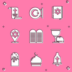Set Decree, paper, parchment, scroll, Star and crescent, Jewish torah book, of David, The commandments, Holy grail chalice, Easter cake and Muslim Mosque icon. Vector