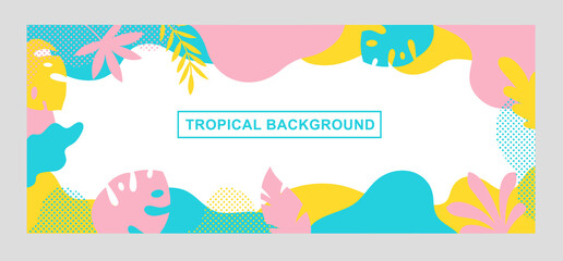 Fototapeta na wymiar Vector abstract tropical background with copy space for text. Horizontal template for websites, event invitations, greeting cards, advertising banners. Design with palm leaves in flat style.