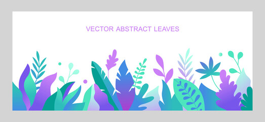 Fototapeta na wymiar Vector abstract summer background with copy space for text. Horizontal template for websites, event invitations, greeting cards, advertising banners. Design with leaves and flowers in flat style.