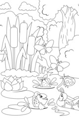 Swamp in the forest with characters. Different characters, fish, insects and nature coloring book.