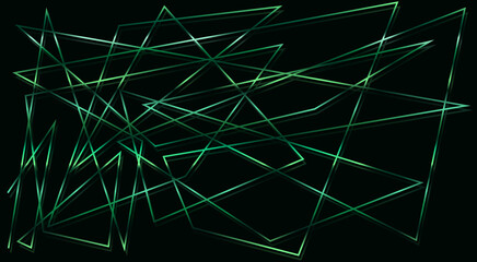 Abstract one-line drawing with 3D effect! The line is filled with a gradient in green tones. The effect of LED lighting. Dark green background with glare from the line.