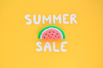 Slice of watermelon and lettering Summer sale on yellow background. Banner with percentage sign....