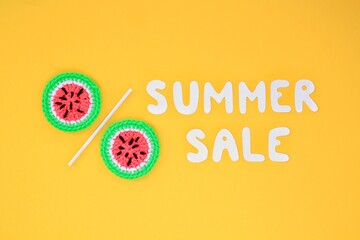 Two slices of watermelon and lettering Summer sale on yellow background. Banner with percentage...