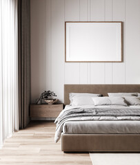 mock up poster frame in modern interior background, bedroom, Scandinavian style, 3D render