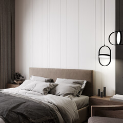 Modern style bedroom interior with wooden panel wall with light, close up, gray tones, hotel room interior concept, 3d rendering