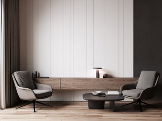 Stylish interior with modern armchairs and wooden wall panel. 3d rendering