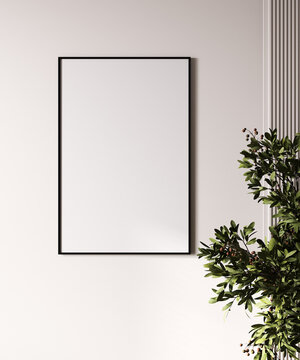 Black free frame with green plant on white wall, 40x60, 3d render, 3d illustration