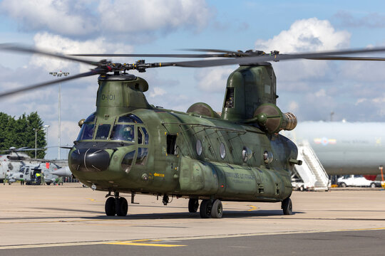 RAF Waddington, Lincolnshire, UK - July 7, 2014: Royal Netherlands Air Force (Koninklijke Luchtmacht) Boeing CH-47D Chinook twin engined heavy lift military helicopter D-101.