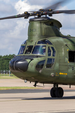 RAF Waddington, Lincolnshire, UK - July 7, 2014: Royal Netherlands Air Force (Koninklijke Luchtmacht) Boeing CH-47D Chinook twin engined heavy lift military helicopter D-101.