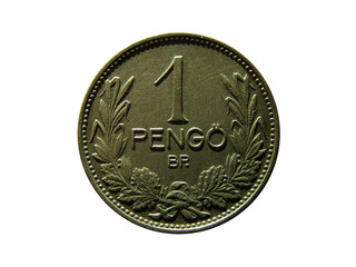 Reverse of Hungary coin 1 pengo 1938 with inscription meaning ONE PENGO, BUDAPEST. Isolated in white background.