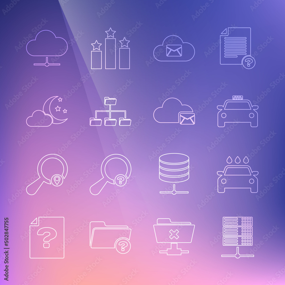 Sticker Set line Server, Data, Web Hosting, Car wash, Taxi car, Cloud mail server, Folder tree, with moon and stars, Network cloud connection and icon. Vector