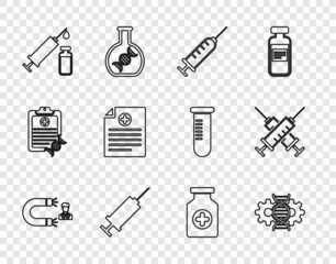 Set line Customer attracting, Gene editing, Syringe, Medical syringe and vial, Clinical record, Medicine bottle and Crossed icon. Vector