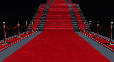 Red carpet with barriers on the stairs on a dark background. Red carpet and path barriers, 3D render