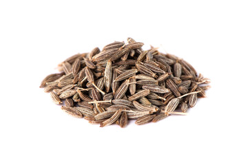 Dry seeds of cumin or zira. Cumin spice close-up on a white background.