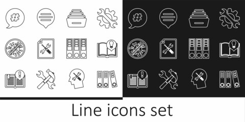 Set line Office folders, Interesting facts, Drawer with documents, File service, Stop virus, bacteria, Hashtag speech bubble, and Speech chat icon. Vector