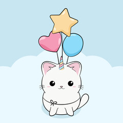Ręcznie rysowany mały biały kotek z rogiem jednorożca na jasnym niebieskim tle. Kot i kolorowe baloniki. Wektorowa ilustracja zadowolonego, siedzącego kota. Słodki, uroczy zwierzak.	