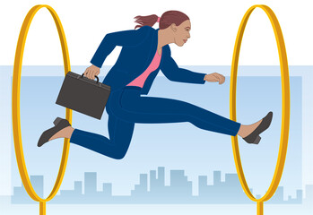businesswoman jumping through hoops with sky and buildings in background © yojo